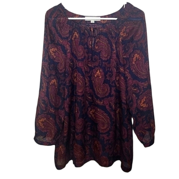 LOFT Navy & Red Paisley Sheer Long Sleeve Blouse Size Large EUC - Picture 1 of 6